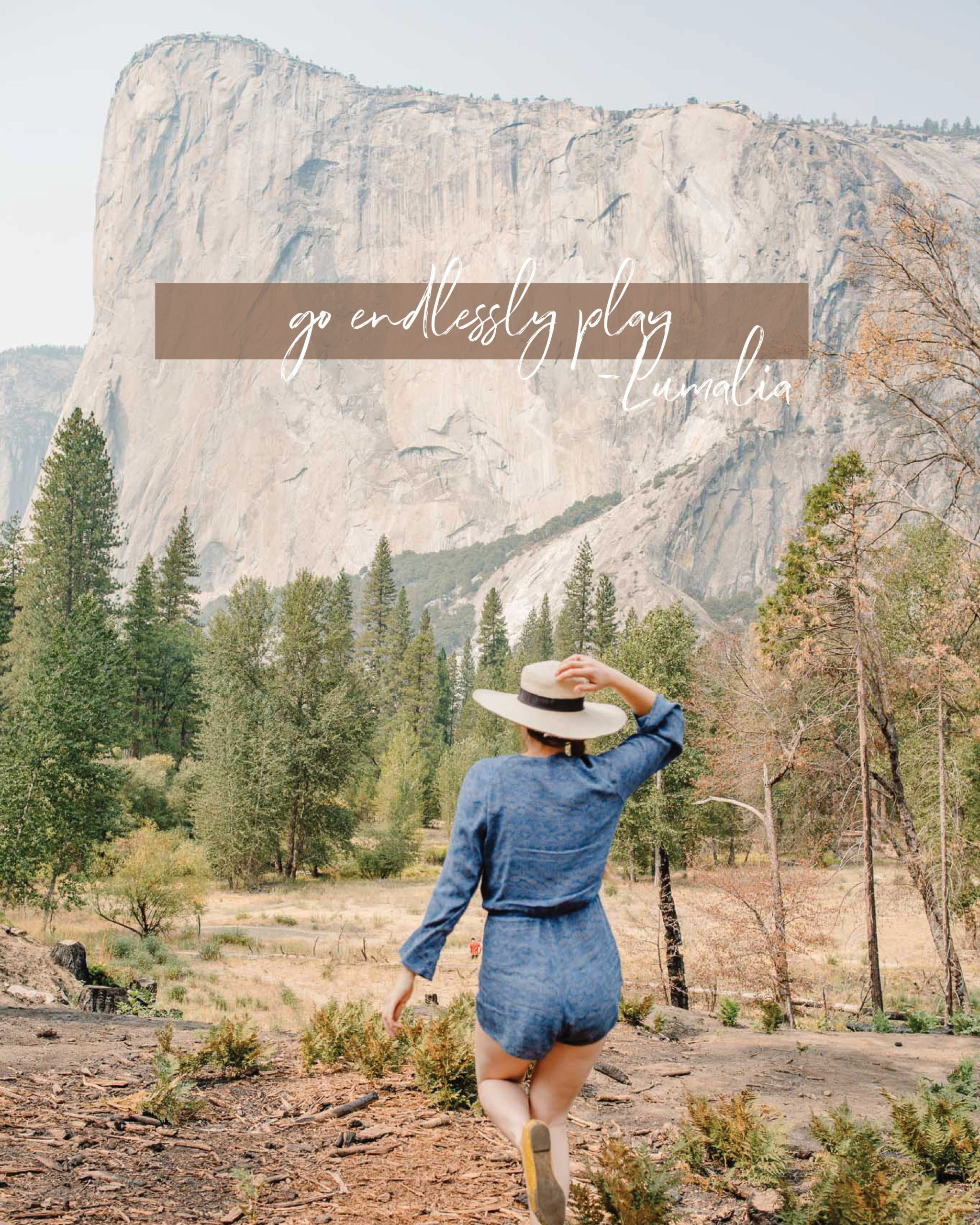 "go endlessly play" Lumalia photo of girl in blue romper with yellow shoes with sun hat running toward rock face and trees in the background