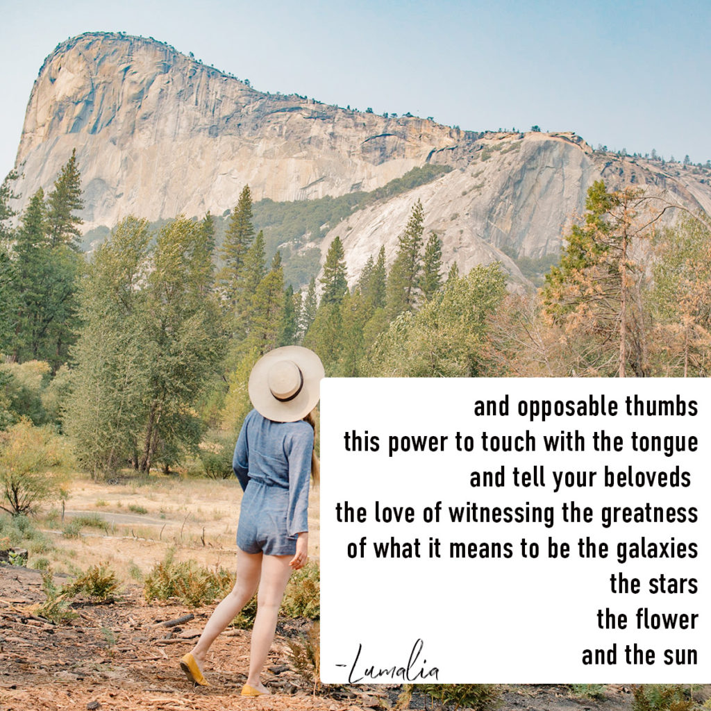 "and opposable thumbs this power to touch with the tongue and tell your beloveds the love of witnessing the greatness of what it means to be the galaxies the stars the flower and the sun" text over female looking at mountain